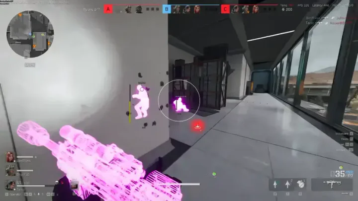 Delta Force indoor firefight with player silhouettes visible through walls and a circular aim FOV overlay.